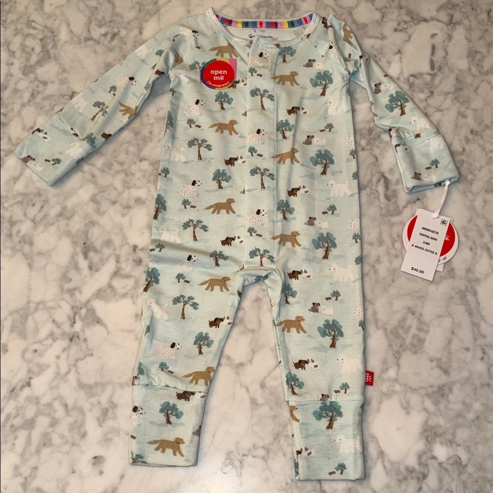 NWT Magnetic Me Kids One Piece Coverall Pajamas - Blue Animal Print 3/6M